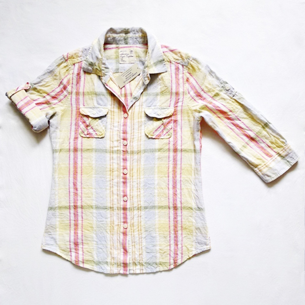 3/4 Sleeve Linen/Cotton Plaid Button Down Shirt S